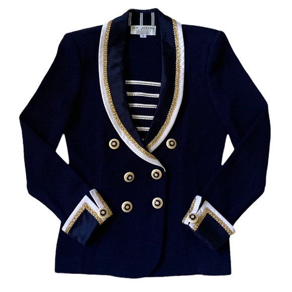 St. John Jackets & Blazers - St. John Evening Navy with Satin & Gold Trim French Cuff Knit Jacket, Size 2
